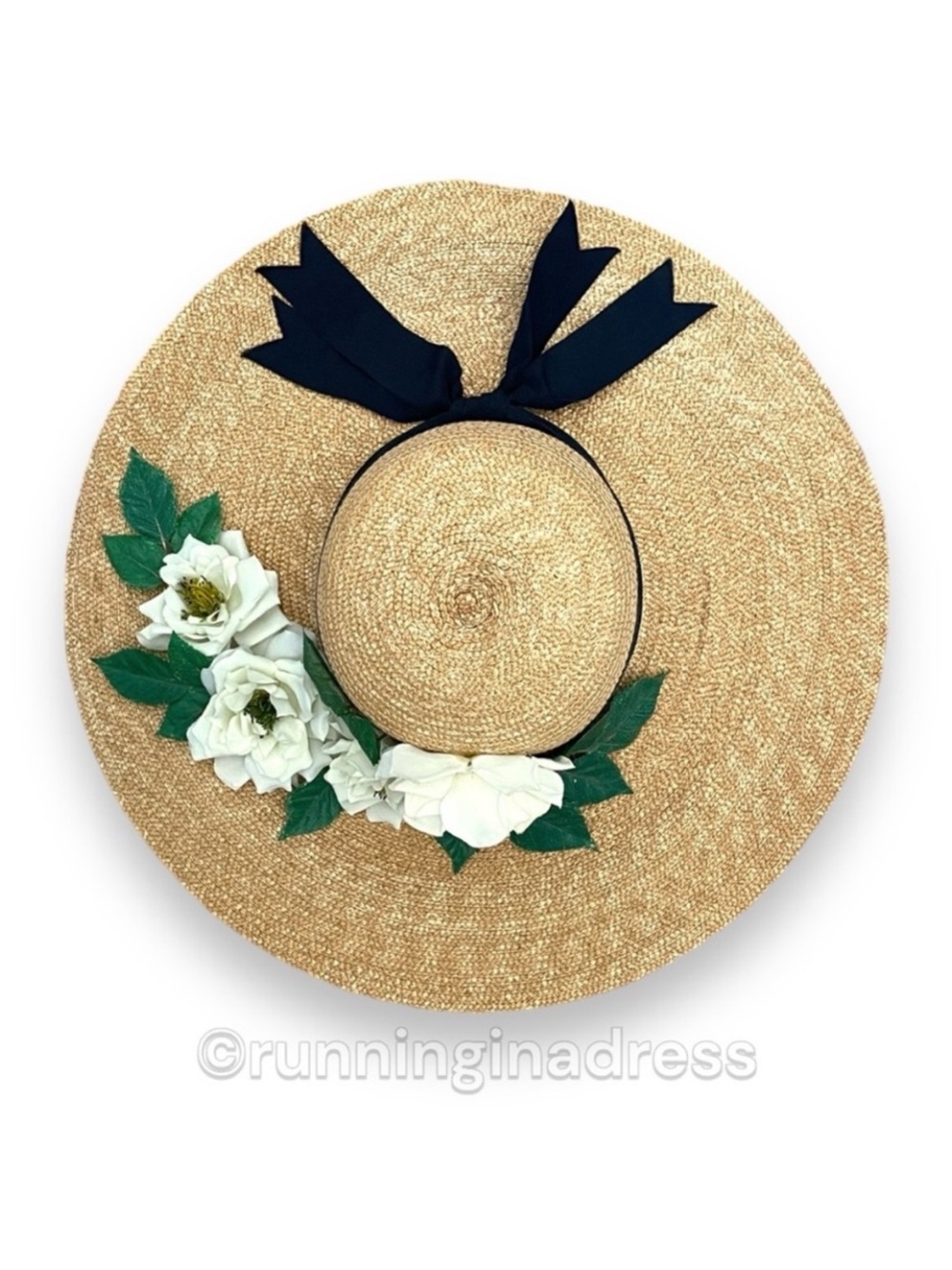 Vintage Marianna Seaton NY 19" Wide Brim Straw Hat Kentucky Derby Floral Bow S